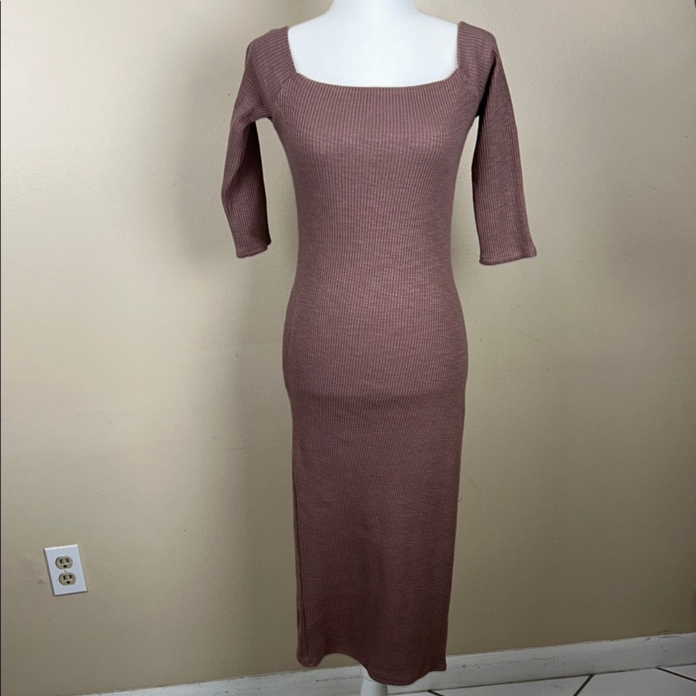 Zara Brown Ribbed Bodycon Dress Square Neck 3/4 Sleeve